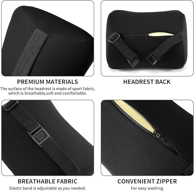 Car Headrest Pillow, Soft Memory Foam Car Neck Pillow with Adjustable Strap, Removable Breathable Cover for Long Drives & Office (Black, Pack of 2)