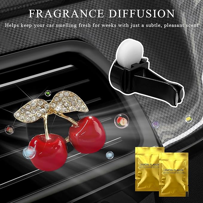 2PCS Cherry Car Air Vent Freshener Perfume Clip, Rhinestone Vehicle A/C Outlet Clips Bling Charm with Scented Pads, Sparkly Diamond Vent Clamp Cute Cherry Decoration for Women