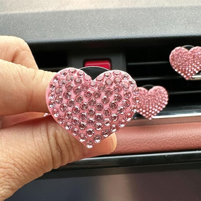 Crystal Heart Car Air Vent Clips, Sparkly Rhinestone Bling Diamond Auto Freshener Holder 4 Pack with Fragrance (Pink, Ocean)