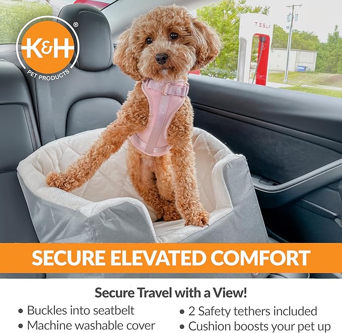 K&H Pet Products Bucket Booster Dog Car Seat, Seat Belt Secured, 2 Safety Leashes, Washable Covers, Sturdy Pet Booster Seats for Cats & Dogs - Small Gray/Cream