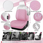 CAR PASS Nappa Leather Seat Covers for Car, Waterproof Seat Covers Full Set, Luxury 3D Rhombus Lined Sponge Airbag Compatible Universal Fit for Automotive SUV Truck Pickup Sedan, Pink White