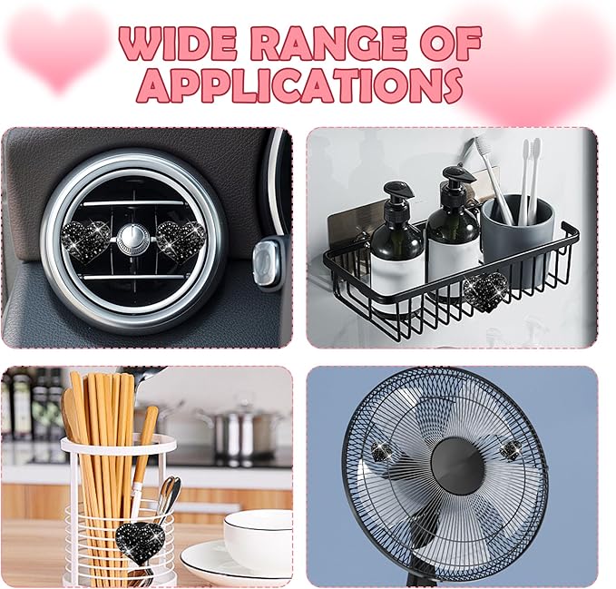4PCS Heart-Shaped Car Vent Clips with Rhinestone,Bling Air Vent Clips Car Decorations,Premium Shiny Car Clips for Vents Accessories Interior (Black)