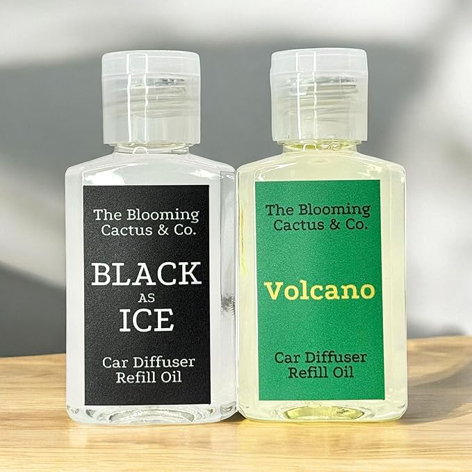 1 OZ Premium Car Diffuser Refill Oil – 2 Pack Long Lasting Fragrance Oil for Car, Home & Office | Compatible with Most Diffusers | Fresh, Pleasant Scent for Every Space (Black Ice + Volcano)