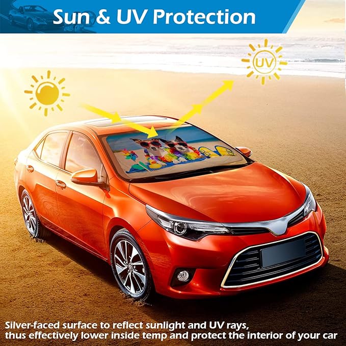 IC ICLOVER Windshield Sun Shade Funny for Car SUV Truck, 240T Polyester Blocks Heat and Sun, Foldable UV Ray Reflector Front Window Sun Shade Visor Shield Cover - 59inchx33inch (Dog with Glasses)