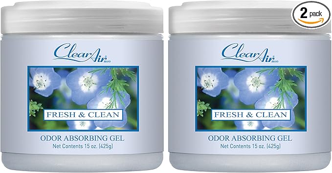 Clear Air 15oz Gel Odor Eliminator - Absorb & Remove Strong Odors from Pets, in Bathrooms, Basements, Garage, Cars, RVs & Boats - Eliminate Tough Odors with Essential Oils (Fresh & Clean, 2-Pack)
