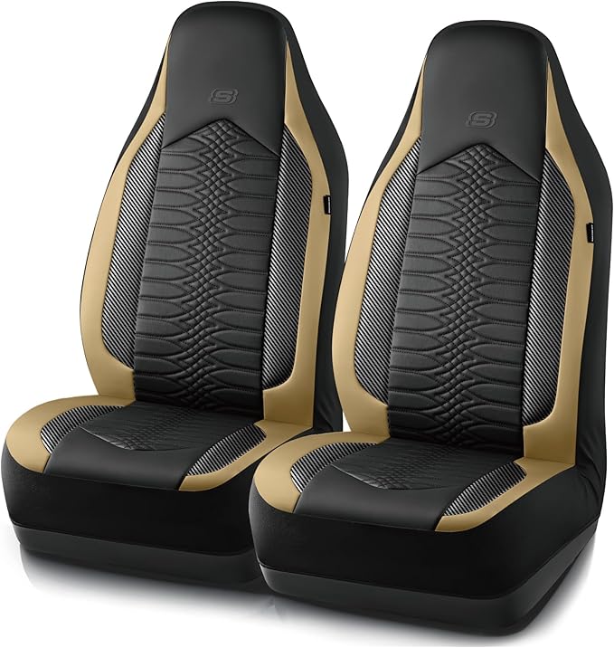 Skechers Memory Foam Car Seat Covers, Leather High Back Seat Covers Quilting Design,Waterproof Sports Car Seat Covers Front Seats,Airbag Compatible, Universal Fit for Most Cars, SUVs,Trucks,Beige
