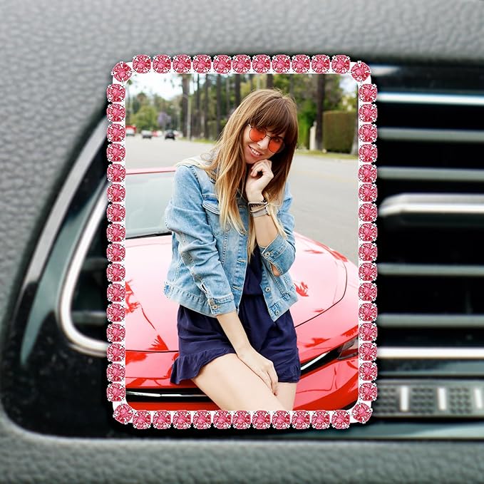 Custom Rhinestone Car Vent Clip Air Freshener with Photo – Personalized Acrylic Picture Frame for Car Interior Decoration Accessories, Rectangular Shape (Red, One Size)