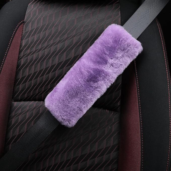 Soft & Cozy Australian Sheepskin Car Seat Belt Covers,2 Pack Fluffy Seatbelt Pads, Genunie Sheepskin Fur Shoulder Straps Cushions for Adults Kids Women and Men (Violet)