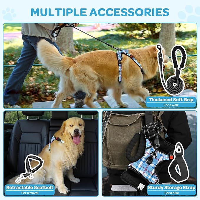 FURRYFECTION Plaid Dog Harness for Large Dogs, Reflective No Pull Adjustable Pet Vest with Front Clip, Leash, Easy Control Handle and Seat Belt, Blue&White, L