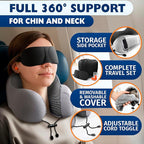 Plane Neck Pillow for Long Flights – 4-in-1 Set | Adjustable Memory Foam Gray Airplane Pillow Neck Support, Eye Mask, Earplugs, & Cover | Soft Washable Cotton Cover, Button Closure – Comfort Traveling