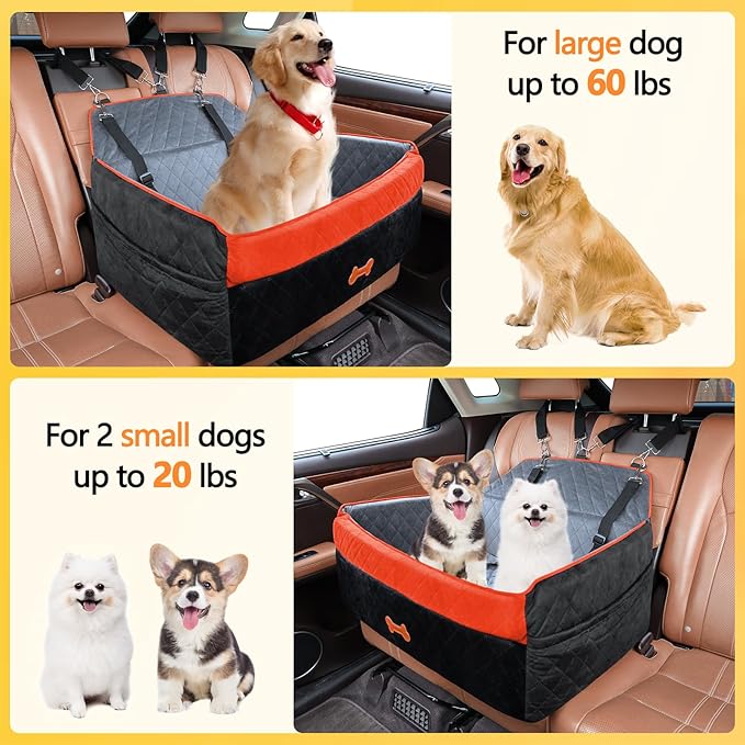 PetsHome Dog Car Seat for Medium Large Dogs, Detachable Washable Pet Booster Seat with Memory Foam Cushion, Side Pockets, 2 Clip-On Safety Leashes Pet Car Seat for Dog Up to 60 lbs/2 Small Dogs-Black