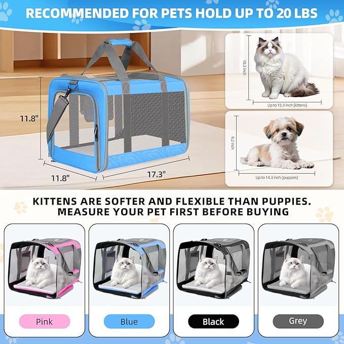Cat Carrier for Large Cats up to 20 Lbs,Soft-Sided Pet Carrier for Large and Medium Cats, Small Dogs,Puppies,Collapsible Dog Carrier Travel Bag with 2 Storage Bags,4 Mesh Windows (Blue, Medium)