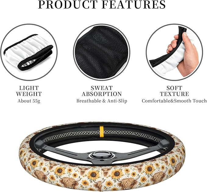 Highland Cow & Highland Cattle Steering Wheel Cover with 2 Car Air Fresheners, Quick Installation & Comfortable Grip for Cars & SUVs