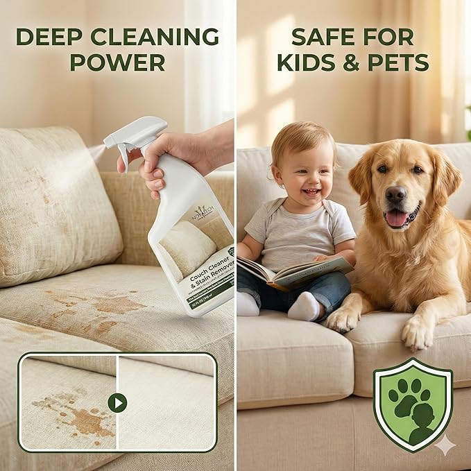 Travel size Couch Cleaner and Stain Remover. For sofas, car upholstery, carpets, rugs, mattresses, dining chairs, all Fabrics. Safe, for kids and pets.