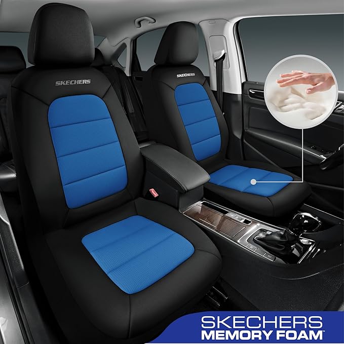 Skechers Memory FoamCar Seat Covers,Thick Cool Touch Fabric Seat Covers,Seat Cover Full Sets Airbag Compatible,Automotive Comfort Protection for Most Cars,Vans,Trucks,SUV,Blue