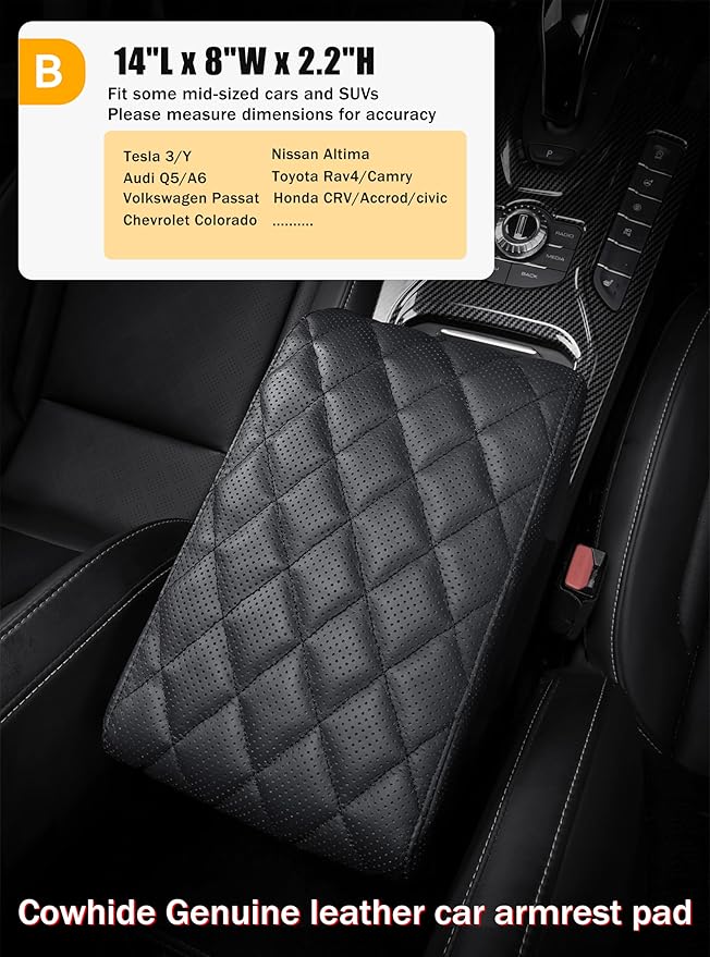 Car Center Console Cover/pad Genuine Leather,Universal Armrest mat, Adjust driving posture Cushion,Protector box,Memory Foam,Real cowhide,Relieves shoulder/arm fatigue,boosting driving safety