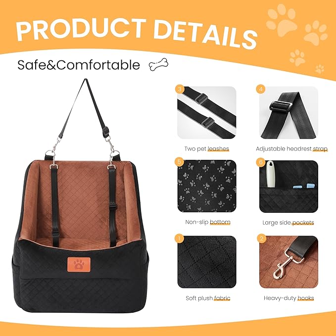 Dog Car Seat for Medium Dogs – Premium Pet Booster Seat with Two Pet Safety Belts, Detachable Washable Cover Non-Slip Base, Portable Dog Travel Seat for Road Trips & Daily Errands Up to 35lbs