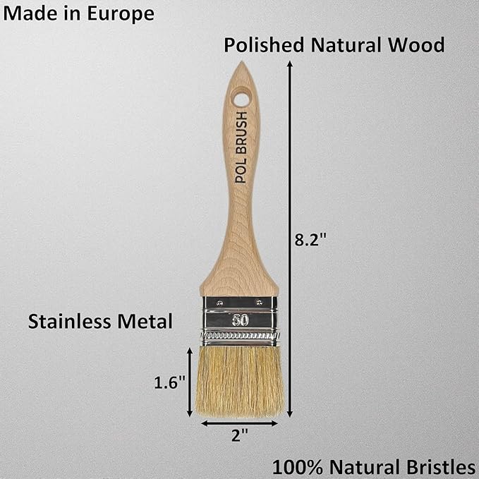 Set of 2 2 Inch Flat Paint Brushes - High European Quality - Natural Bristles - for Home, Wood, Walls, Art, Trim & Furniture - for Acrylic, Oil, Stain, Chalk & Latex Paints