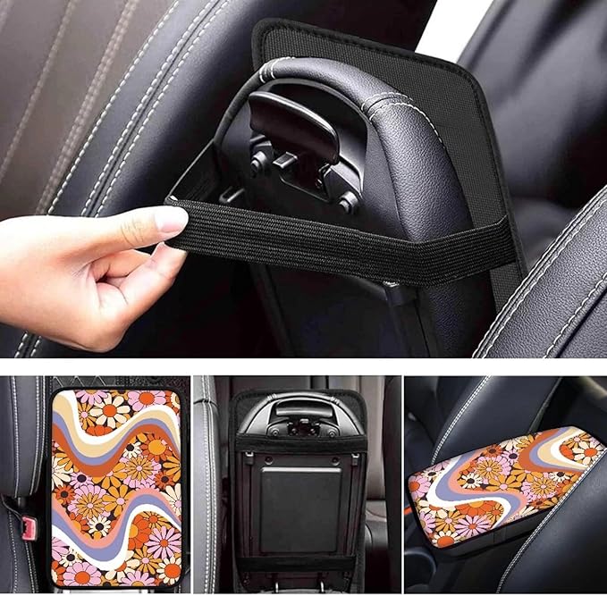 Dreaweet Hippie Flower Car Center Console Cushion Pad,Universal Armrest Seat Box Cover Protector,Comfortable Car Decor Accessories Fit for Most Cars,Trucks,SUV