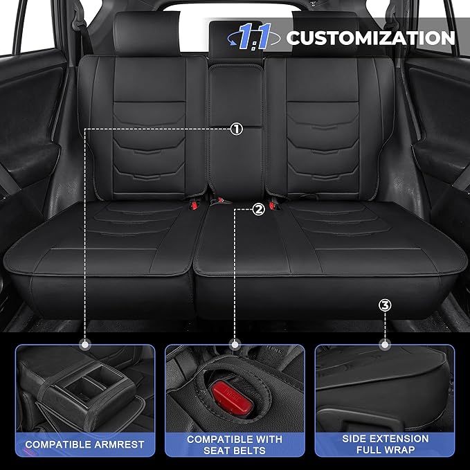 1:1 Custom Car Seat Covers Fit for Toyota RAV4 2013 2014 2015 2016 2017 2018 XLE LE Limited Adventure Full Set Faux Leather Seat Protectors with Armrest Covers and Steering Wheel Cover (5-Seat, Black)