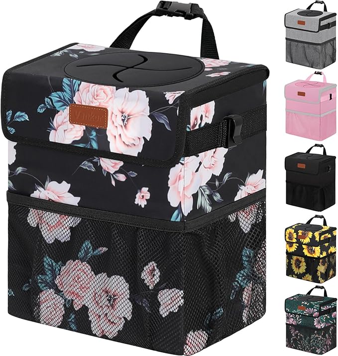 4.2 Gallons Car Trash Can with Lid, Bag Bin Hanging Waterproof Automotive Car Garbage Cans Leak Proof Vehicle Trash Can for Truck SUV,Black Floral