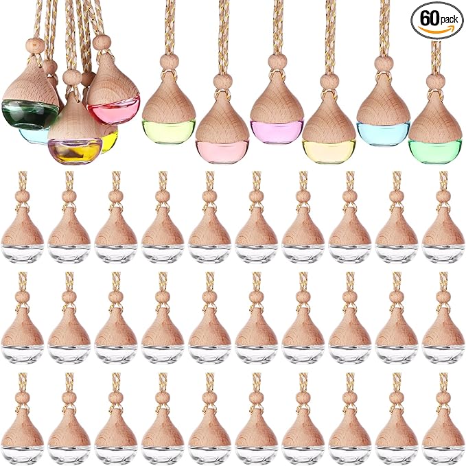 60 Pcs Hanging Car Air Freshener Car Diffuser Bottle Empty Glass Perfume Bottles Air Freshener Diffuser Bottle Pendant for Essential Oils Fragrance Aromatherapy Ornament Decor (Water Drop)