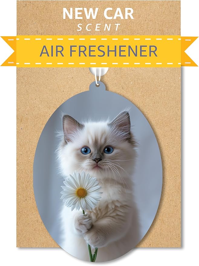 Ragdoll Kitten - Cat Car Air Freshener - Cute Hanging Daisy Cat Decor New Car Scent, Infusible with Your Own Scent, Pet Safe, Non-Toxic, Freshener for Car, Closet, Office Size - 3x4"