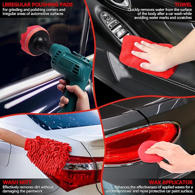 32Pcs Car Detailing Kit, Auto Detailing Brush Set and Drill Brush Attachments with Portable Handbag, Multi-Functional Vehicle Cleaning Tool for Wheels, Windshield