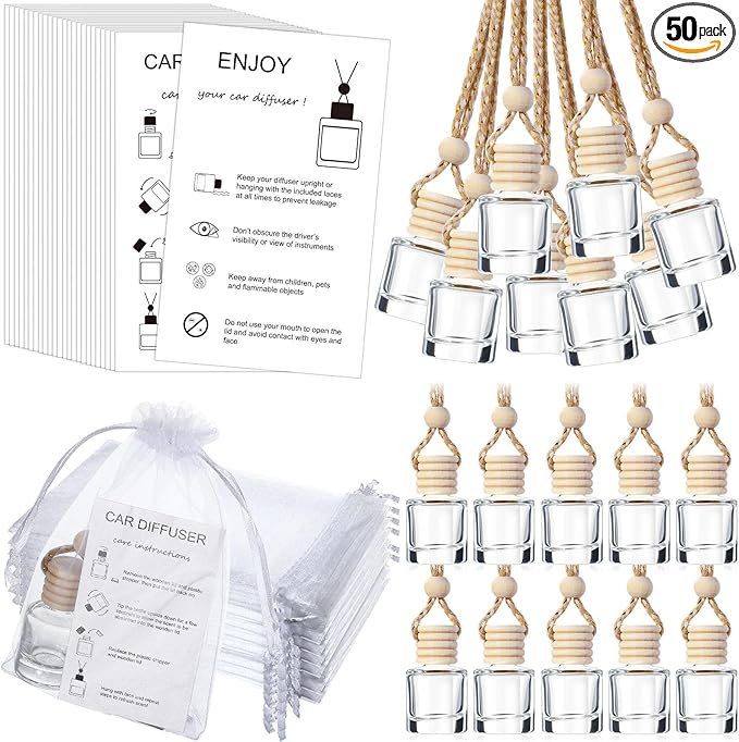 Boao 50 Sets Hanging Car Air Freshener Diffuser Bottles Empty Bulk with Car Diffuser Instruction Cards Organza Bags Glass Refillable Essential Oil Fragrance Aromatherapy Pendant (Cylindrical,Clear)