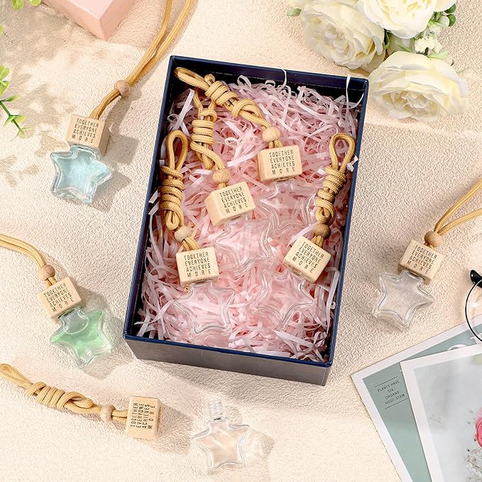 24 Pcs Star Shaped Car Fragrance Diffuser Bottle Bulk - Appreciation Gifts Set Hanging Glass Diffusers with Inspirational Message for Coworker Teacher Staff Thank You Gift (Team)