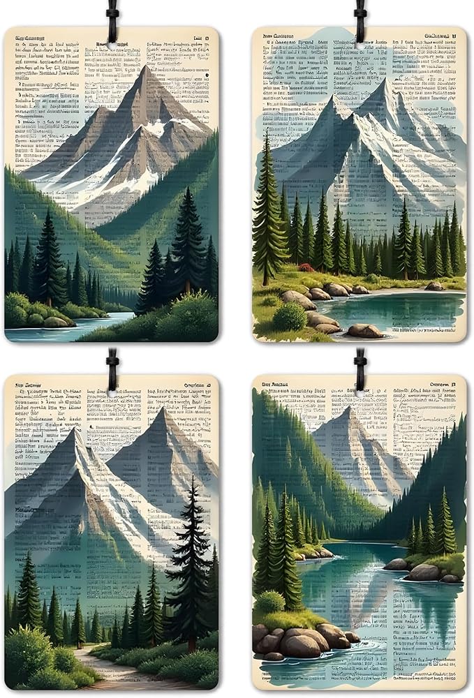 Vintage Mountain Newspaper Car Air Freshener 4 Pcs, Retro Nature Mountain Forest Lake Landscape Air Freshener Hanging for Cars Books Closet Drawer, Retro Car Accessories for Women Men