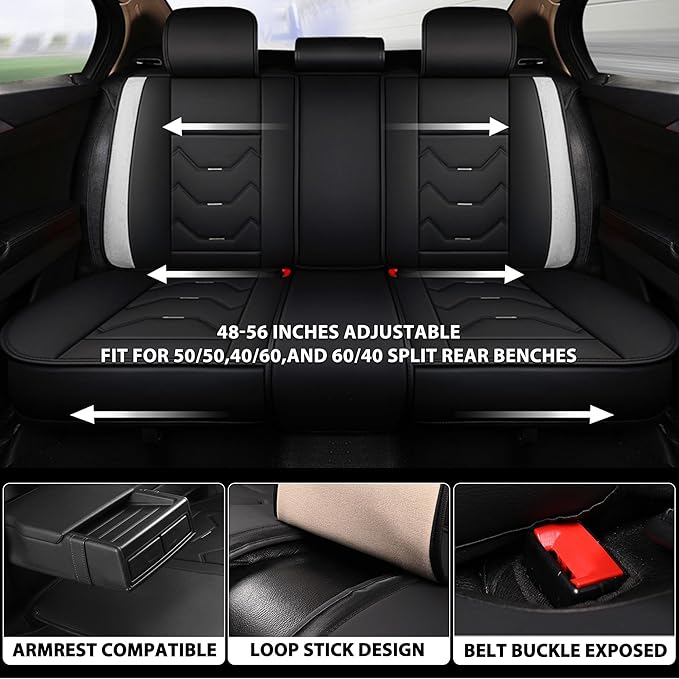 otoez Car Seat Covers Full Set, Universal Leather Seat Cover for Car, Waterproof 5 Seat Automotive Front and Back Seat Protector Full Coverage for Most Sedens Trucks SUVs, White & Black