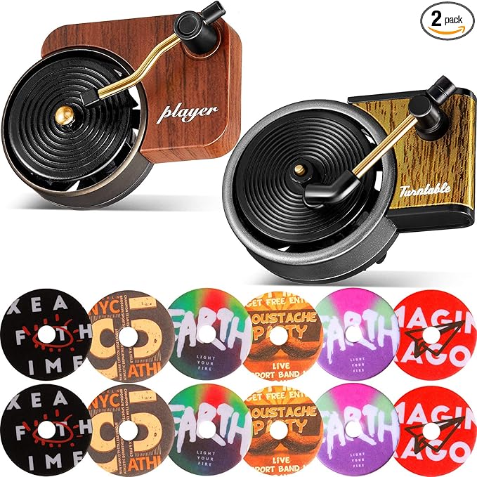 Frienda 14 Pieces Record Player Car Air Freshener Vent Clip Included 2 Pcs Retro Aromatherapy Diffuser, 12 Pcs Refill Pads for Gift, Air Freshener Car Decor Accessories, Music Lover Gifts