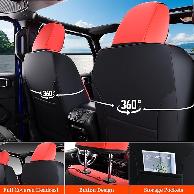 Coverado Seat Covers for Wrangler, Waterproof Leather Car Front Seat Covers, Full Coverage Seat Cushion Covers Protector Custom Fit for Jeep Wrangler JL Seat Covers 2-Door/4-Door 2018-2024 (Red)