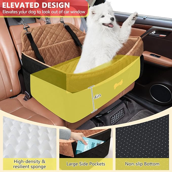 PetsHome Dog Car Seat for Medium Large Dogs, Detachable Washable Pet Booster Seat with Memory Foam Cushion, Side Pockets, 2 Clip-On Safety Leashes Pet Car Seat for Dog Up to 60 lbs/2 Small Dogs-Brown