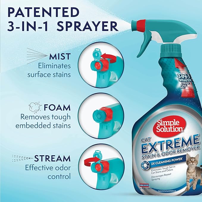 Simple Solution Extreme Cat Stain Eliminator for Strong Odor, Pet Odor Eliminator for Home, Stain Remover for Cats, Kitten Essentials, Floor Cleaner, Urine Destroyer, Carpet Cleaner Spray, 32oz