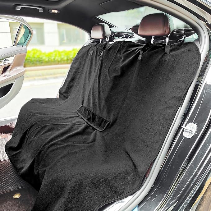 Back Seat Cover Waterpoof Rear Bench Towel Seat Cover for Gym Swimming Surfing Running, Non-Slip Rear Seat Protector Universal Fits Most Auto Truck Van and SUV (Bench Black)