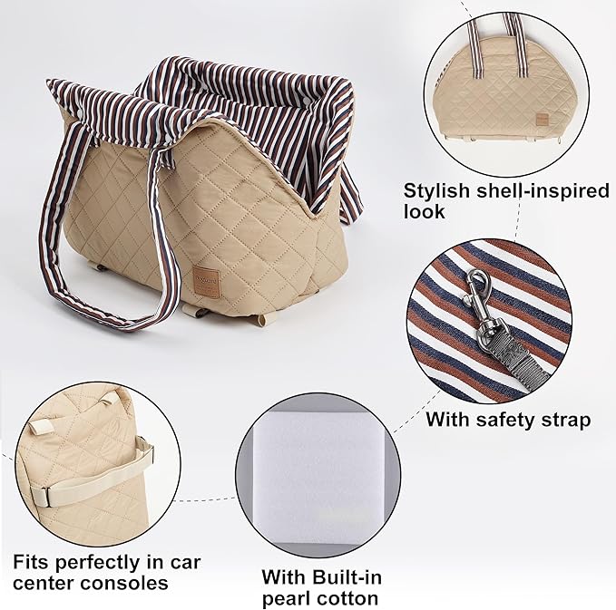 Small Dogs Under 12 lbs Adjustable Portable Center Console Car Seat, Built-in Bubble wrap, Fits Most Cars & SUVs with Convenient Handbag Functionality, Stylish Travel Pet Bag (Beige)