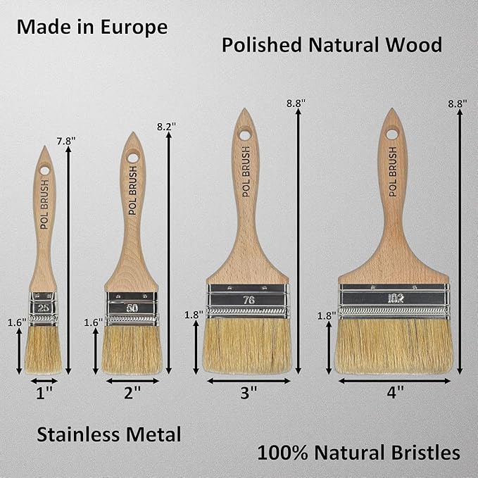 Set of 4 1, 2, 3, 4 Inch Flat Paint Brushes - High European Quality - Natural Bristles - for Home, Wood, Walls, Art, Trim & Furniture - for Acrylic, Oil, Stain, Chalk & Latex Paints