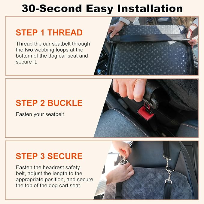 Small Dog Car Seat for Small Dogs Under 30 lbs, Memory Foam Pet Car Seat with Washable Cover, Safety Belts & Side Storage Pockets, Portable Travel Bed for SUV/Sedan (Black/Grey)