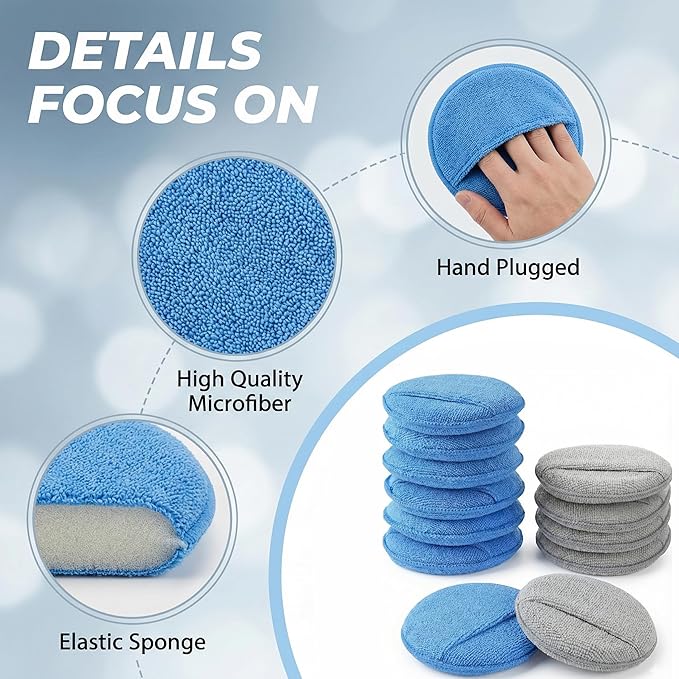 Wax Applicator Pad (15 Pack)，5 Inch Microfiber Wax Applicator Pads，Washable Reusable Car Wax Applicator Buffing Pads for Car Cleaning, Polishing and Detailing（10 Blue and 5 Gray）