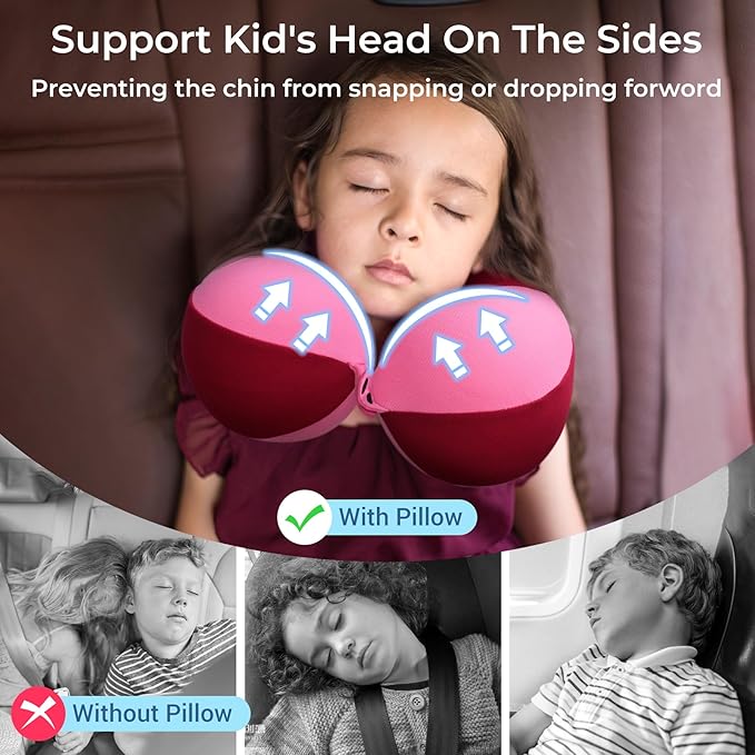 COOLBEBE Kids Travel Neck Pillow, Softly Headrest Travel Pillow for Car & Airplane, Traveling Gifts for Toddler & Children (1, Raspberry Powder)