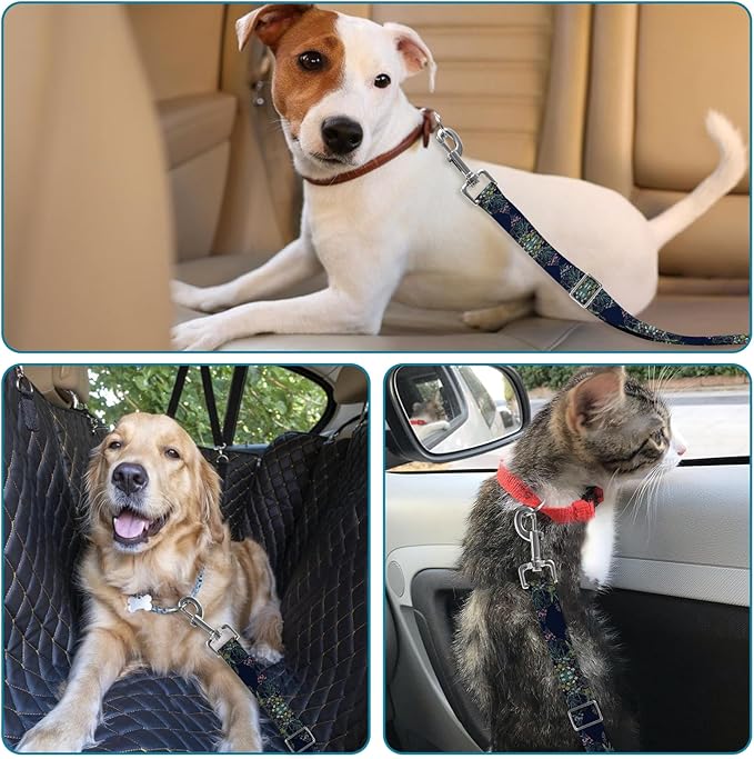 Adjustable pet cat and Dog car seat Belts. The Lanyard is Flexible and Adjustable from 20 to 33 inches(White Flowers + Black Flowers)