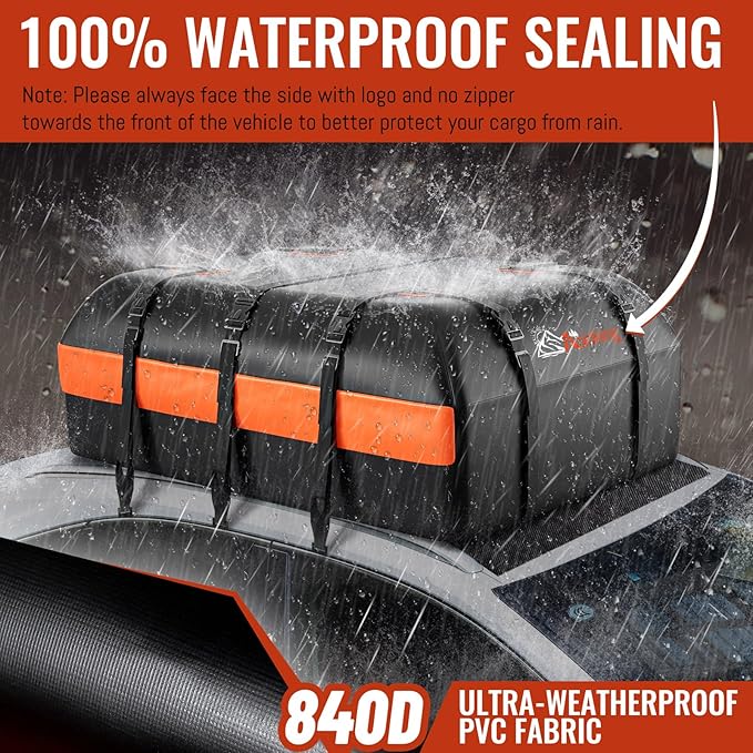 Car Rooftop Cargo Carrier Bag, 16 Cubic Feet Waterproof Car Topper Luggage Storage Bag with Large Capacity & Maximum Protection to Minivan SUV Vehicles w/wo Roof Rack, Non-Slip Mat, Door Hooks, Lock