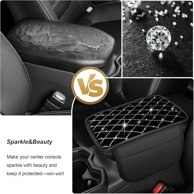 Bling Center Console Cover with 2 Side Pockets Fit for Avalon Multi-Functional Car Armrest Cushion Diamond-Studded Rhombus Pattern Style(Black&Silver Diamond)