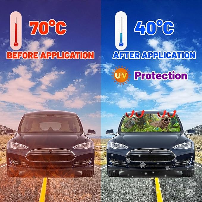 CHILL·TEK Funny Animal Car Windshield Sun Shade Umbrella, Cute Dinosaur Car Sun Shade Umbrellas, Block UV Rays Heat Foldable Windshield Umbrella Sun Visor Protector - Keep Vehicle Cool for Cars SUV