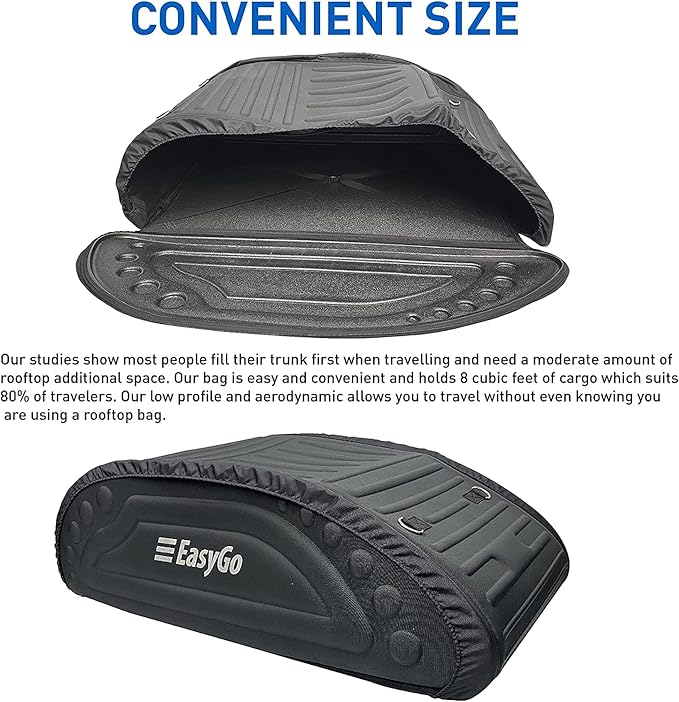 Aerodynamic Car Rooftop Cargo Carrier Bag - Soft Roof Top Luggage Bag for All Vehicles SUV with/Without Rack – Hard Sides - 4 Adjustable Straps – 8 Cubic Feet - Fold Flat Storage Bag