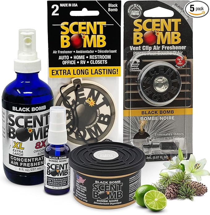 Scent Bomb Air Freshener Bundle - 1 oz & 8 oz Bottle Sprays, Vent Clip, Organic Cans, Hanging Circle - Continuous Freshness & Long-Lasting Odor Eliminator for Car, Home, Bathroom - Black Bomb