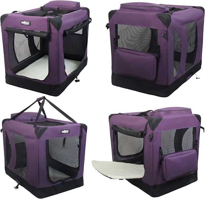 EliteField 3-Door Folding Soft Dog Crate with Carrying Bag and Fleece Bed (2 Year Warranty), Indoor & Outdoor Pet Home (24" L x 18" W x 21" H, Purple)