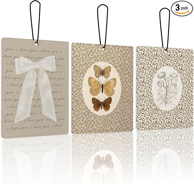 Vintage Neutral Butterfly Floral Lavender Car Air Freshener 3Pcs, Coquette Bow Rustic Moth Flower Scents Air Freshener for Women Girls, Retro Car Accessories Interior Mirror Decor Hanging
